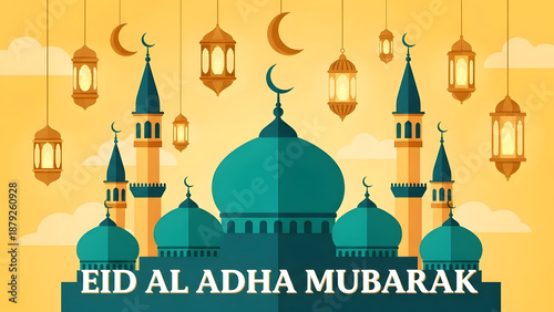 Wallpaper Mural Eid al Adha Mubarak greeting with mosque and lanterns illustration Torontodigital.ca