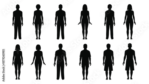 Silhouettes of various human figures isolated on white background, Vector
