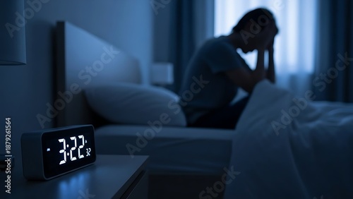 A man struggles with sleeplessness and anxiety in the dark hours of the early morning