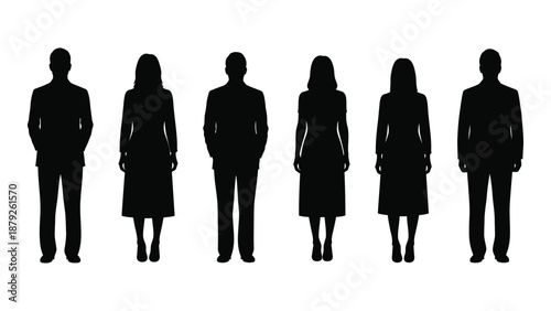 Silhouettes of six individuals isolated on white background, Vector
