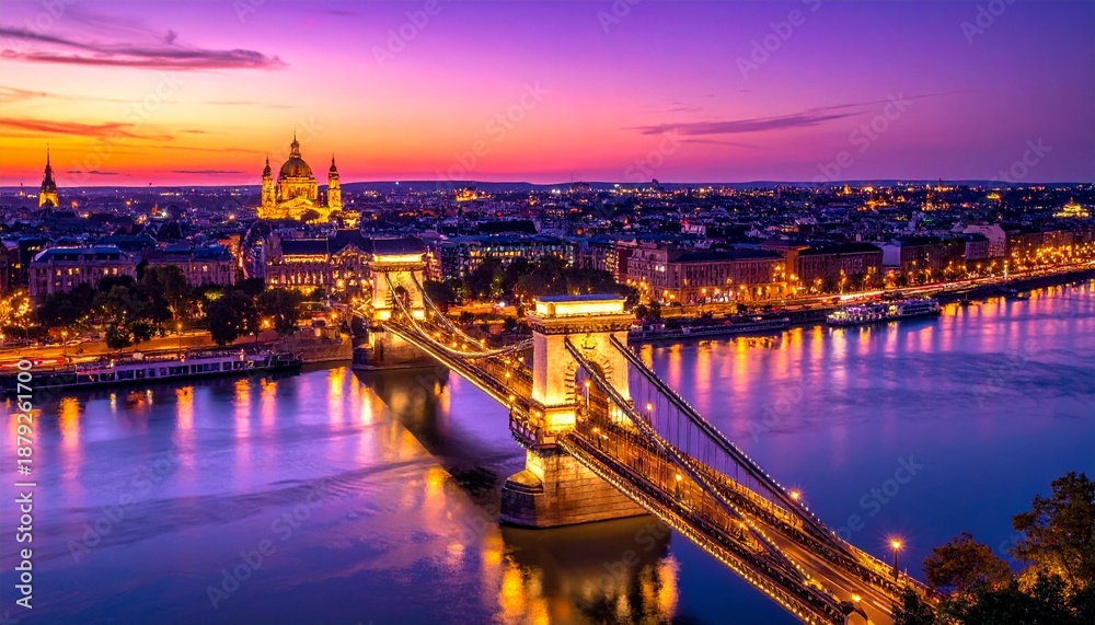 Obraz premium Panoramic view of Budapest cityscape with Chain Bridge at dusk, reflecting vibrant orange-purple sunset on Danube River, in a serene and picturesque artistic style