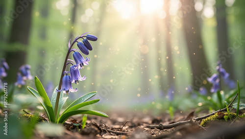 Bluebell flowers blooming in a sunlit forest  