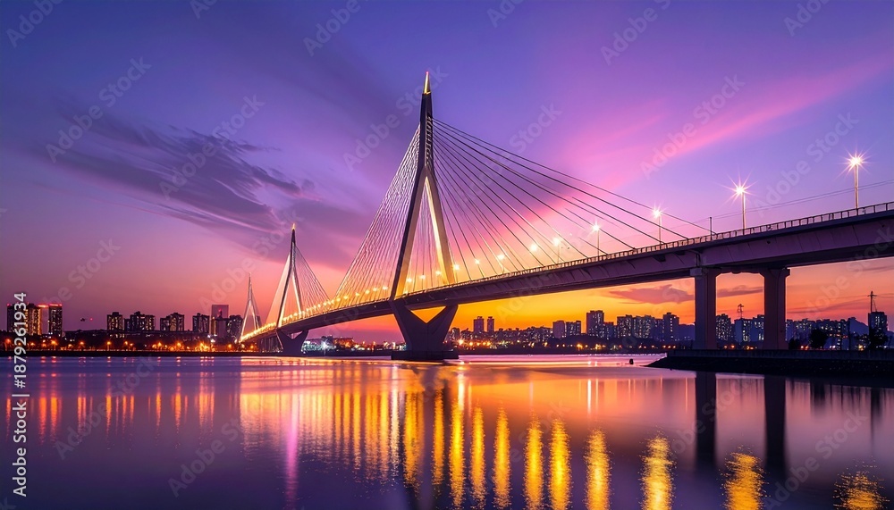 Obraz premium Cable-stayed bridge at vibrant purple and orange sunset with calm water reflection, urban cityscape background, serene atmosphere, realistic photography style.