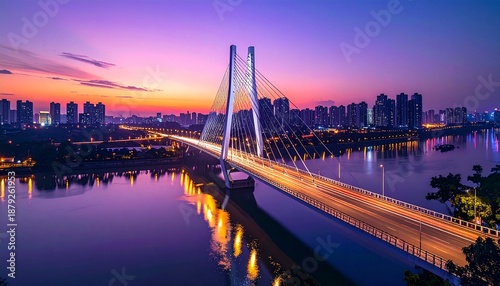 Sunset over modern cityscape with illuminated cable-stayed bridge, urban landscape, contemporary architecture, tranquil water reflection, dusk atmosphere, serene ambiance