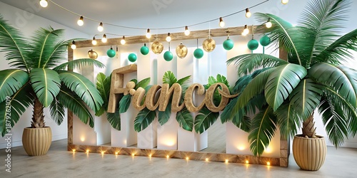 Vibrant tropical decoration with 'Franco' sign and string lights