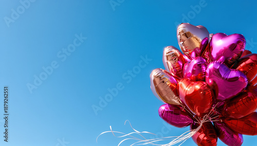 Heart-shaped balloons floating against a clear blue sky  