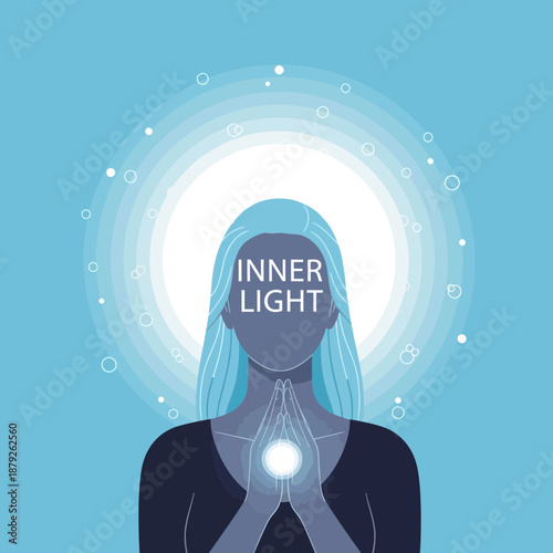 Woman with inner light glowing, meditating, spiritual aura, blue background