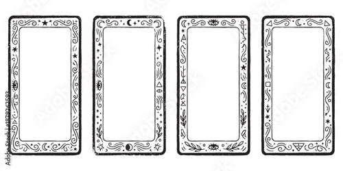 vertical mystical frames featuring celestial and magical elements such as moons, stars, suns, eyes, and swirls arranged in a tarot card or phone screen border design in a hand-drawn sketch style