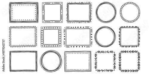 doodle frames featuring rectangular, square, and circular shapes decorated with dots, zigzags, wavy lines, and leaf patterns in a casual black ink sketch style.