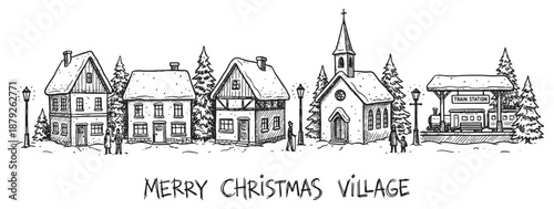 A charming hand-drawn illustration of a "Merry Christmas Village" featuring snowy houses, a church, pine trees, and a train station rendered in a cozy black ink doodle style.