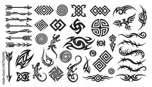 Neo Tribal vector ornaments and animal figures including a lion and a wolf, featuring sharp geometric swirls and curves in a tattoo flash style.