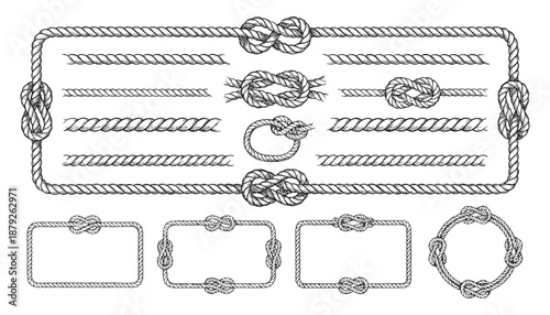 A nautical illustration set featuring various rope frames, sailor knots, and marine cord borders arranged in rectangular and circular shapes in a hand-drawn vintage engraving style.