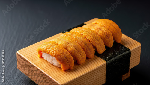Sushi plated beautifully on a wooden board against a dark background  