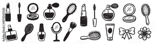 beauty and cosmetic items such as lipsticks, mascara wands, perfume bottles, hairbrushes, compact mirrors, and makeup brushes