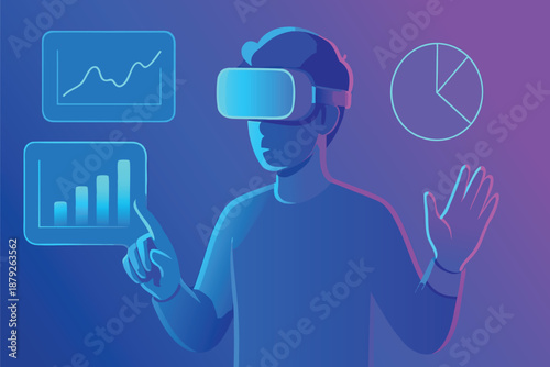 Futuristic neon blue scene of a person in a VR headset interacting with glowing data charts and graphs, symbolizing immersive analytics, digital innovation, and advanced visualization.