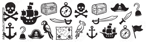 Set of hand drawn doodle icons featuring pirate ship skull treasure chest and map.