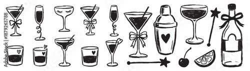 Set of hand drawn doodle illustrations depicting various cocktail glasses champagne and bar tools.