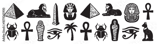 Set of hand drawn doodle icons featuring Ancient Egyptian symbols pyramids and Sphinx.