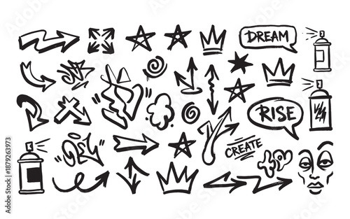 Set of hand drawn graffiti style doodle elements featuring arrows crowns and spray paint.