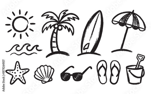Set of hand drawn doodle icons featuring summer beach elements like sun palm tree umbrella and sandcastle.