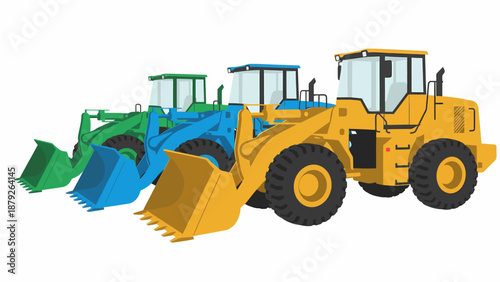 Three colorful front-end loaders, heavy construction machinery, lined up on a white background, ready for work.