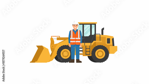 Illustration of a construction worker standing next to a yellow front-end loader on a white background.