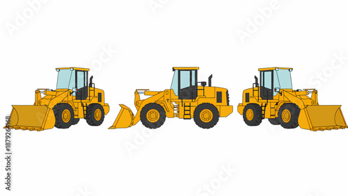 Three yellow front-end loaders with large buckets on a white background.