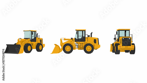 Three yellow front-end loaders, heavy construction vehicles, shown from different perspectives on a white background.