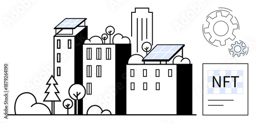 Renewable energy, blockchain technology, futuristic urban planning, eco-friendly innovation, real estate technology, clean energy systems. Buildings with solar panels and NFT concept integration