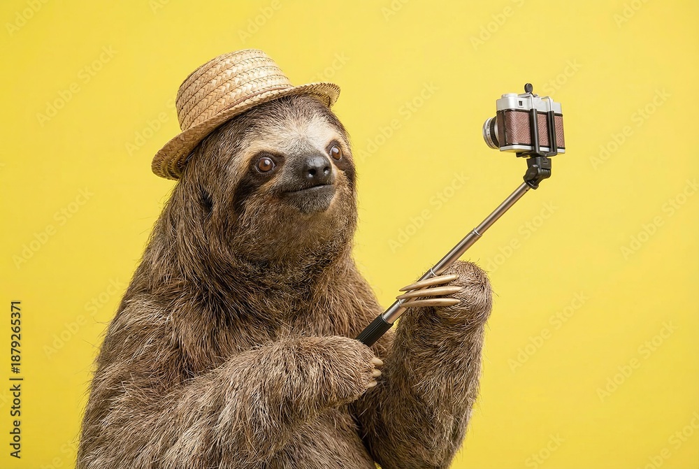 Fototapeta premium A cute sloth wearing a straw hat takes a selfie with a vintage camera on a stick