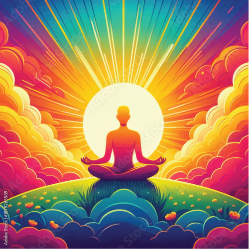 Person meditating in lotus position with vibrant aura.