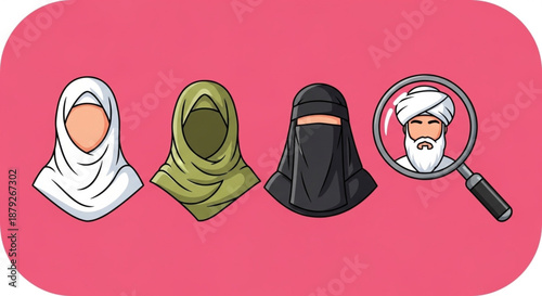 International Day To Combat Islamophobia Exploring Islamic cultural identity diverse women's head coverings and a magnifying glass identifying a man in traditional attire