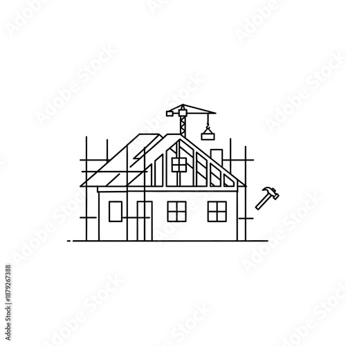 Minimalist House Construction Icon. Home Building Process, Architecture Blueprint, and Real Estate Development Line Art Vector