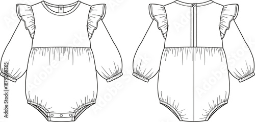 Baby romper bodysuit technical fashion illustration, long sleeve infant garment, front and back view, CAD drawing flat vector