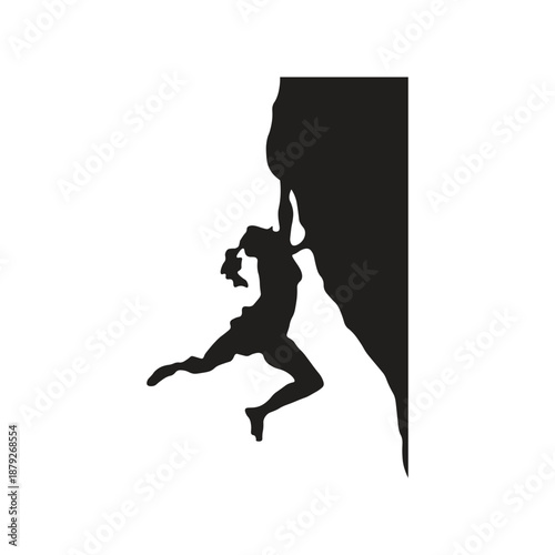 The silhouette illustration of a woman rock climbing is a symbol of strength, agility, and determination. This pose emphasizes tense muscles and body strength.