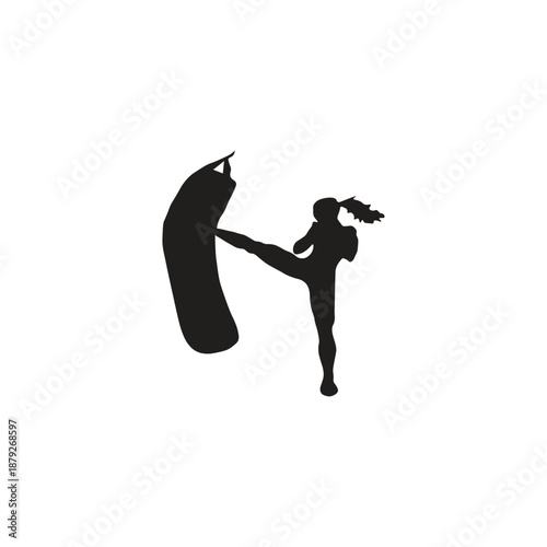 Icon image of a woman playing tekwondo. Silhouette illustration depicts strength, speed, and discipline through the visualization of a female athlete performing self-defense techniques.