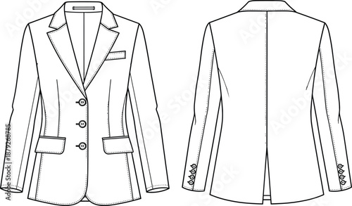 Women blazer jacket technical line drawing front and back view, tailored formal coat apparel flat vector illustration