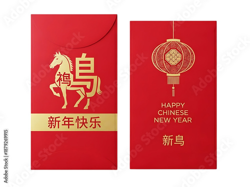 Elegant chinese new year red envelopes featuring golden horse and festive lantern designs