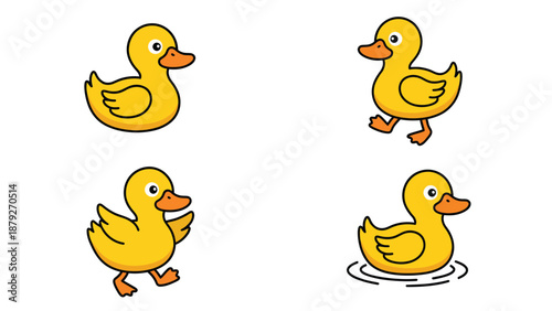 Yellow Duck Cartoon Illustration: Swimming, Walking, Static Poses