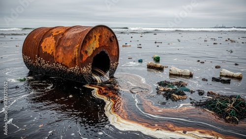 Coastal blight a rusty barrel discharging pollutants on a soiled shoreline highlighting damage
