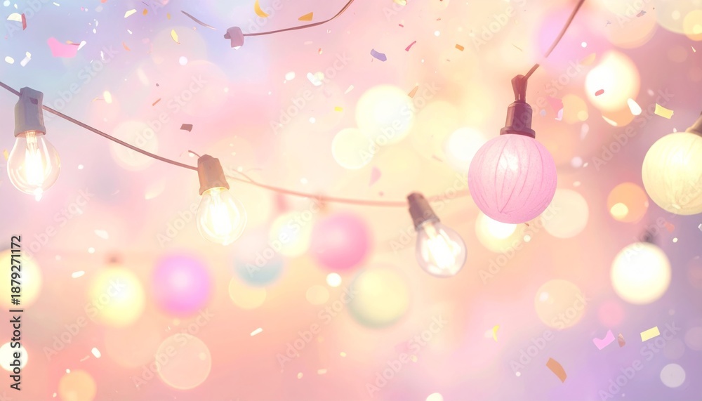 Naklejka premium Colorful string lights and bokeh lights on a pastel background.