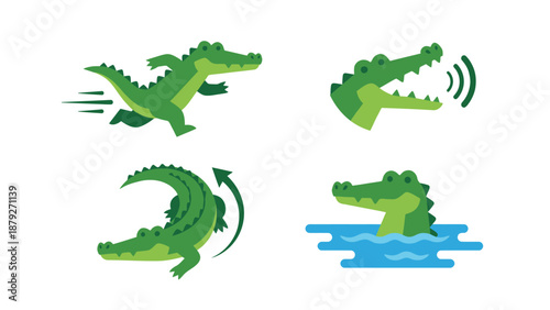 Crocodile Action Icons: Running, Snapping, Swimming, Turning