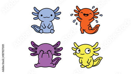 Axolotl Cartoon Set: Colorful Amphibians with Expressive Emotions