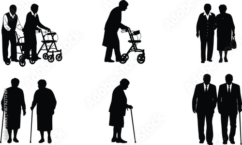 Elderly people silhouettes set showing seniors walking with canes and walkers aging care assistance concept black vector illustration