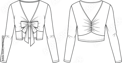 Women's long sleeve tie front crop top technical fashion illustration front back views ruched detail vector flat garment drawing template