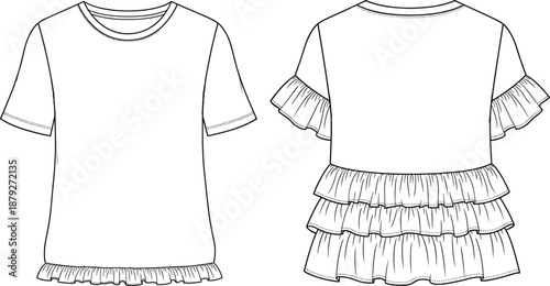 Women's ruffle hem blouse technical fashion illustration front back views short sleeve layered frill top vector flat garment drawing template