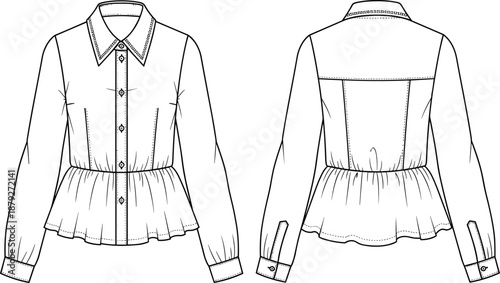 Women's peplum button down blouse technical fashion illustration front back views long sleeve collared shirt vector flat garment drawing template