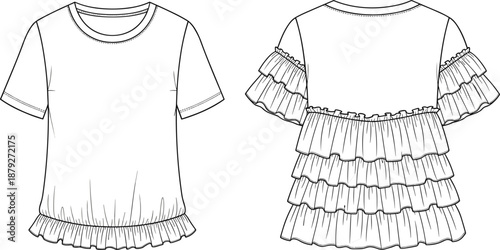 Women's short sleeve ruffle hem blouse technical fashion illustration front back views layered frill top vector flat garment drawing template
