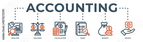 Accounting concept icon illustration contain analysis, balance, calculation, audit, budget and advice.