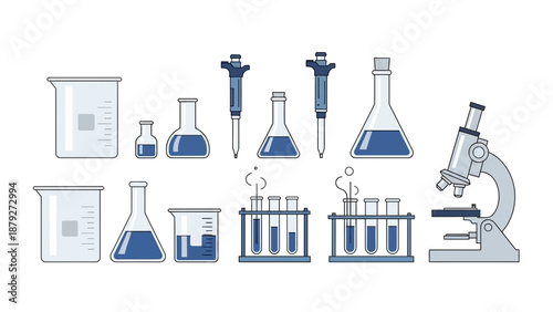 Laboratory Equipment: Microscope, Beakers, Flasks, Pipettes, Test Tubes with Blue Liquid